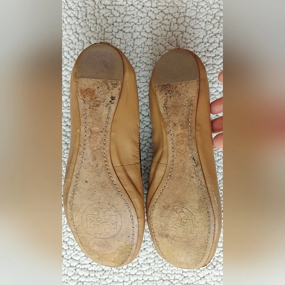Tory Burch Camel Leather Logo Ballet Flats with Gold Emblem